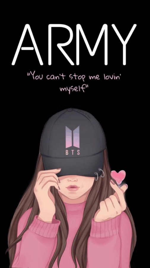 Illustration of a girl in a pink sweater wearing a BTS cap that covers her eyes, holding a small pink heart; the word ARMY and the slogan 'You can't stop me lovin' myself' appear above. - Por qué y cómo una pequeña empresa de bolsos de cuero se le atravesó en Colombia al grupo coreano BTS