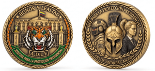 La pequeña empresa del sur de Bogotá que espera acuñar la moneda oficial de De la Espriella lo hizo con Duque y Petro Pair of circular medals with laurel borders; left shows a tiger crest and inscriptions, right shows a knight helmet with two profiles and laurel accents. - La pequeña empresa del sur de Bogotá que espera acuñar la moneda oficial de De la Espriella lo hizo con Duque y Petro
