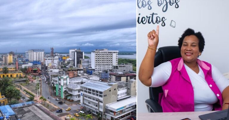 Las2orillas.co: Historias, voces y noticias de Colombia Split image showing a coastal cityscape with tall buildings on the left and a smiling woman in a pink vest at a desk on the right, raising her index finger. - Las2orillas.co: Historias, voces y noticias de Colombia