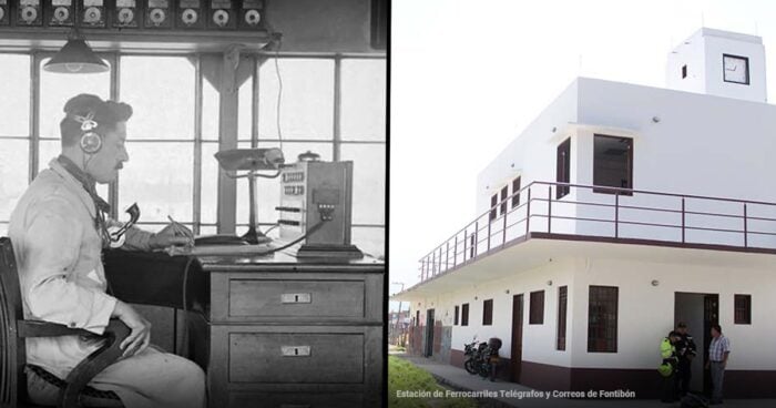 La vieja estación del tren levantada hace 140 años que aún sobrevive en el corazón de Fontibón Split image: left shows a man in a vintage office operating telegraph equipment; right shows a white, modern two-story station with a balcony and people standing outside. - La vieja estación del tren levantada hace 140 años que aún sobrevive en el corazón de Fontibón