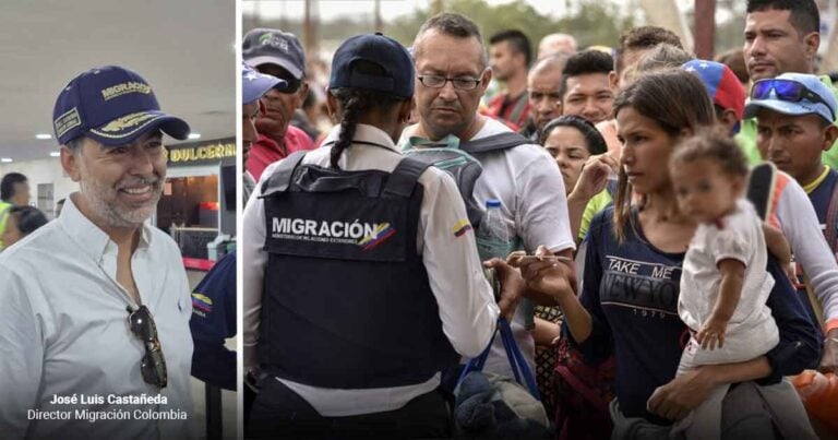 Left panel: a smiling man in a cap and white shirt in an immigration office; right panel: a crowded line of migrants being assisted by an officer in a black vest labeled 'MIGRACIÓN' - Las2orillas.co: Historias, voces y noticias de Colombia