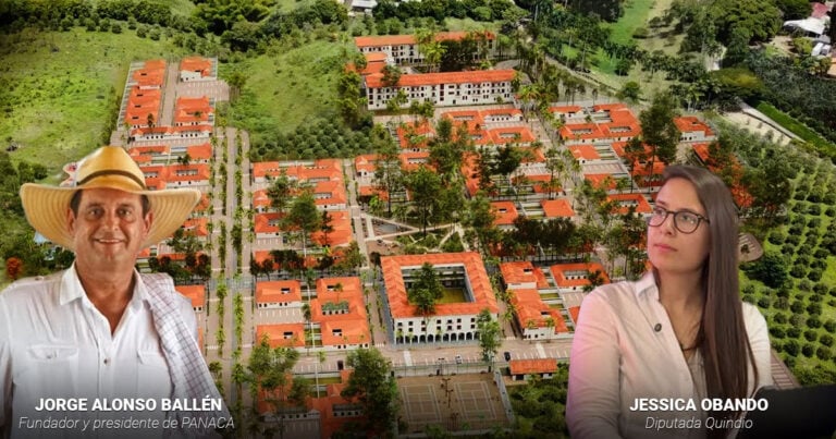 Las2orillas.co: Historias, voces y noticias de Colombia Aerial view of a campus with orange-roofed buildings; two people in the foreground—a man wearing a wide-brimmed hat on the left and a woman with glasses on the right. - Las2orillas.co: Historias, voces y noticias de Colombia