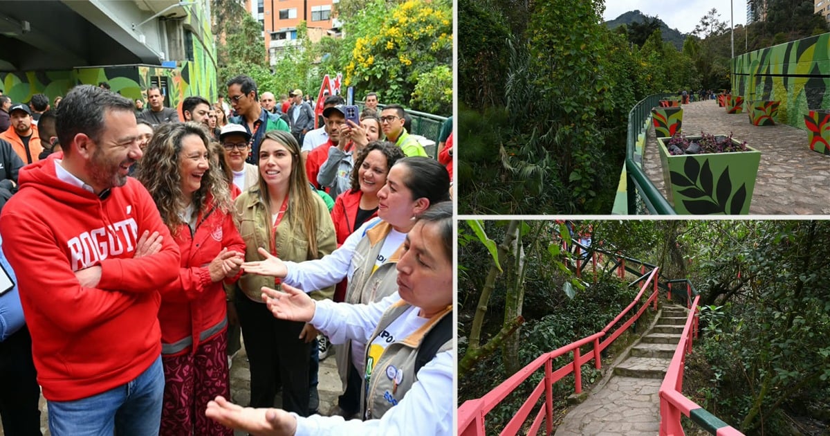 Group of people chatting and laughing at an outdoor event, with a man in a red hoodie in the foreground. - El sendero turístico que lleva a las montañas de Bogotá al que Galán le metió 0 millones para recuperarlo