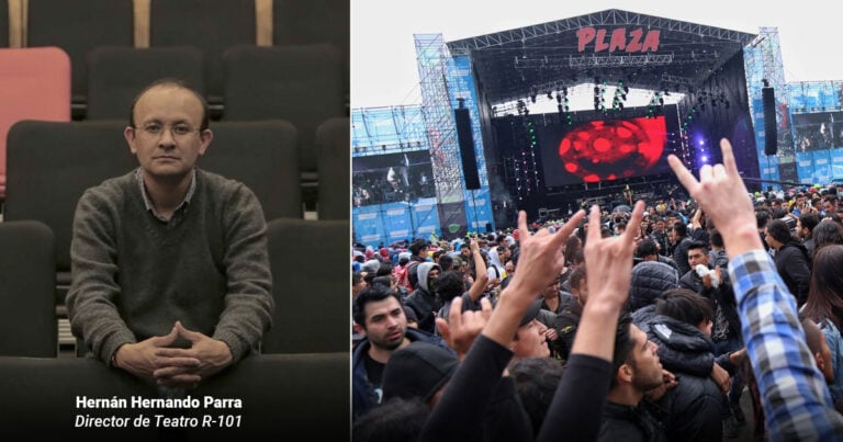 Left: Hernán Parra, Director de Teatro R-101, sentado en un auditorio; right: gran multitud en un concierto frente a un escenario y pantallas. - Las2orillas.co: Historias, voces y noticias de Colombia