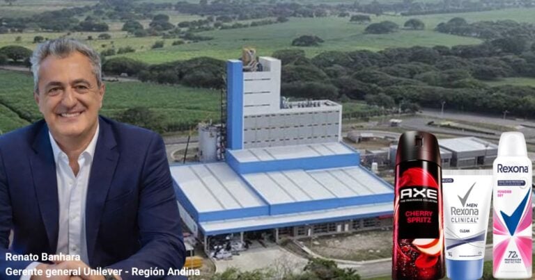 Las2orillas.co: Historias, voces y noticias de Colombia Smiling man in a dark suit in front of a large Unilever factory; AXE and Rexona deodorants visible in the foreground. - Las2orillas.co: Historias, voces y noticias de Colombia